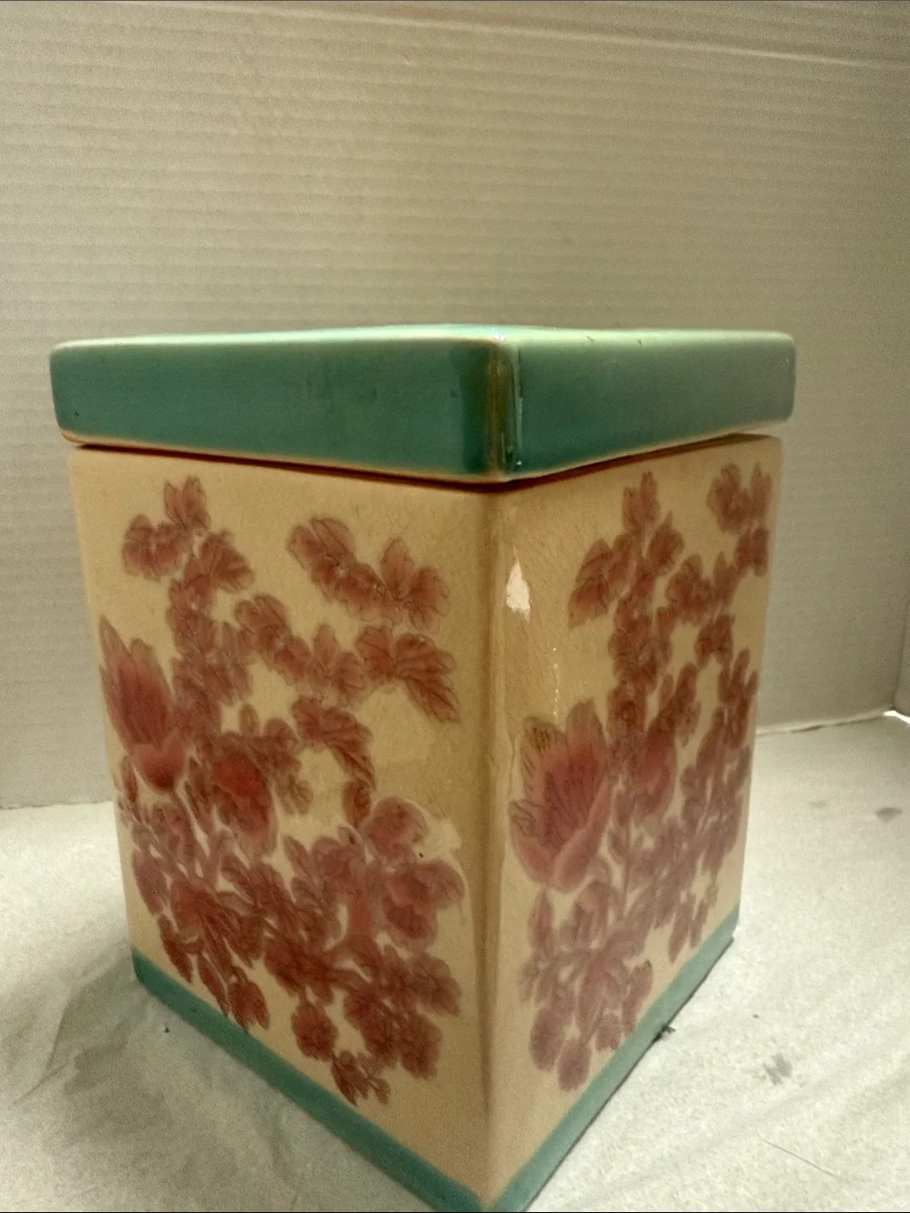 Pier 1 Teal-Trim Floral Ceramic Canister